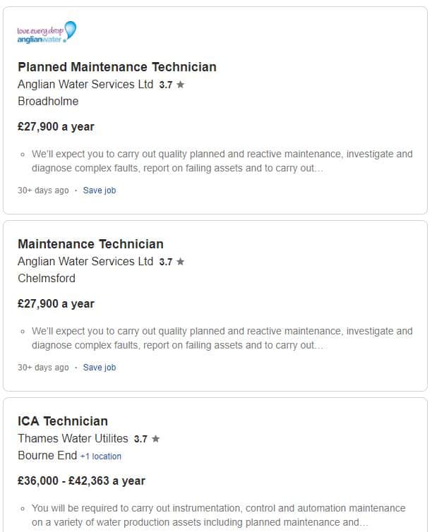 Screenshot indeed.co.uk containing sewer maintenance jobs